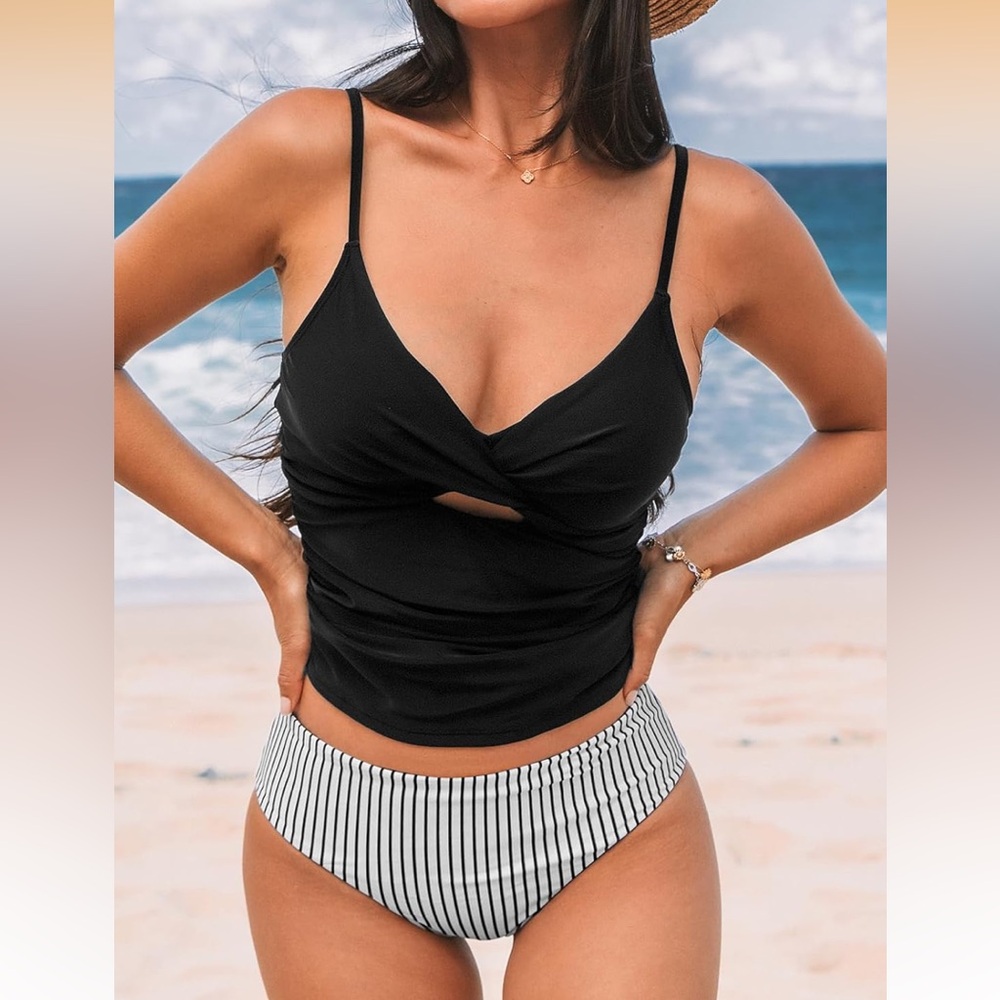 Cupshe 2 Piece Tankini Swimsuit With Reversible Bottoms XS Black And White
